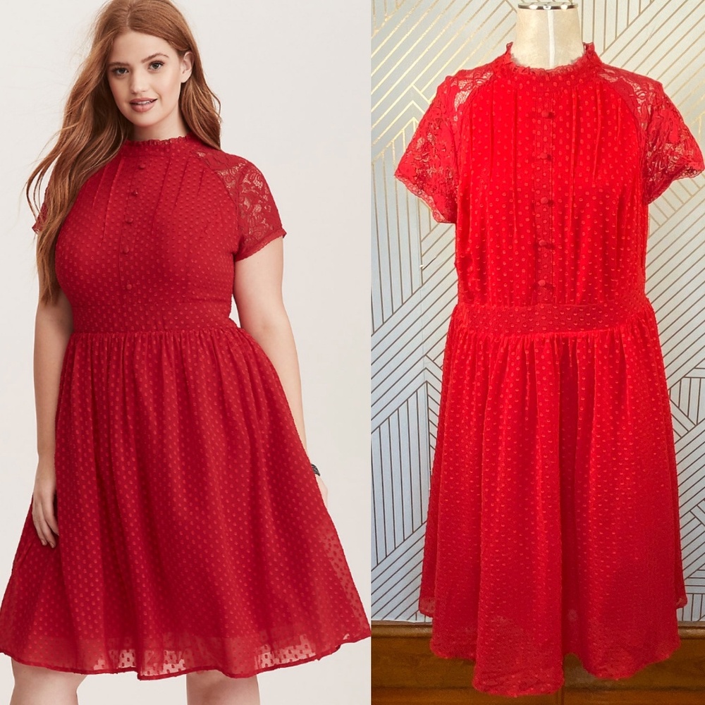 Torrid Red Textured Dot Chiffon Lace Button Dress